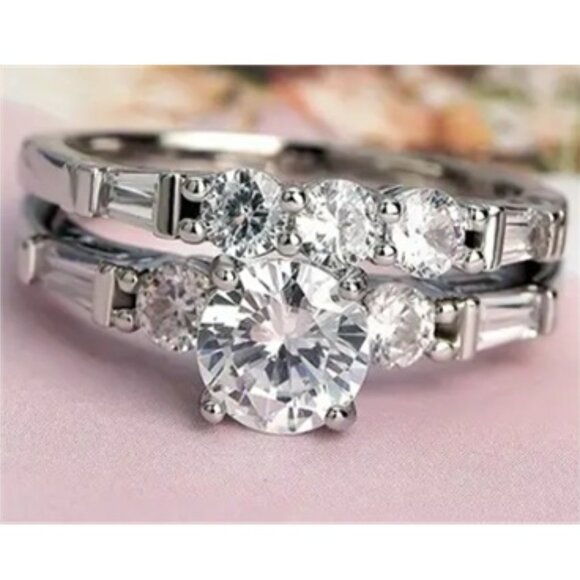 .75 Carat Round Lab Created Cubic Zirconia Silver Electro-Plated Wedding Set - Picture 1 of 7